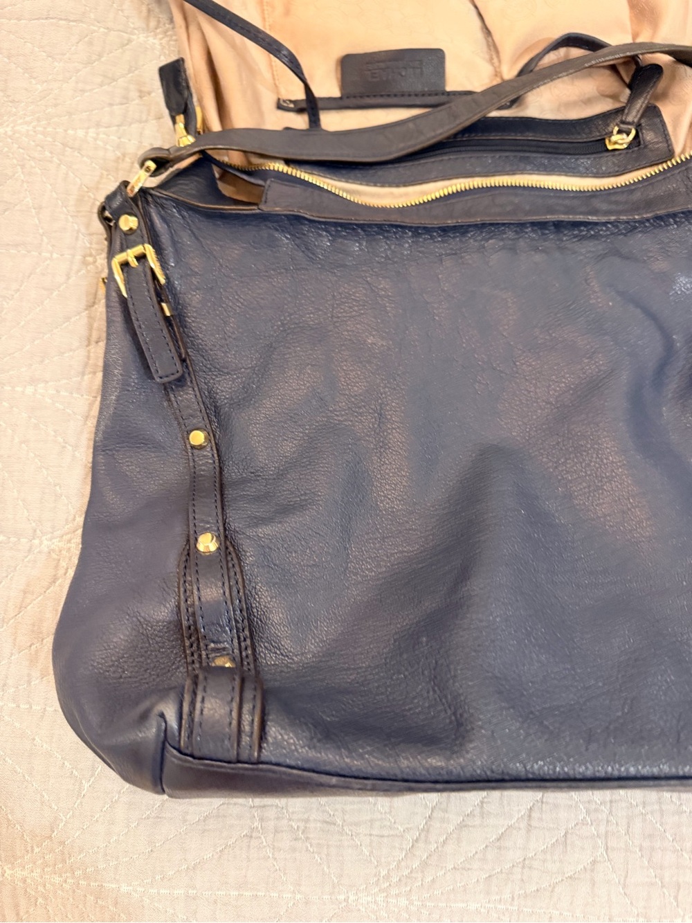 Leather Shoulder Tote Bag - Navy Blue
